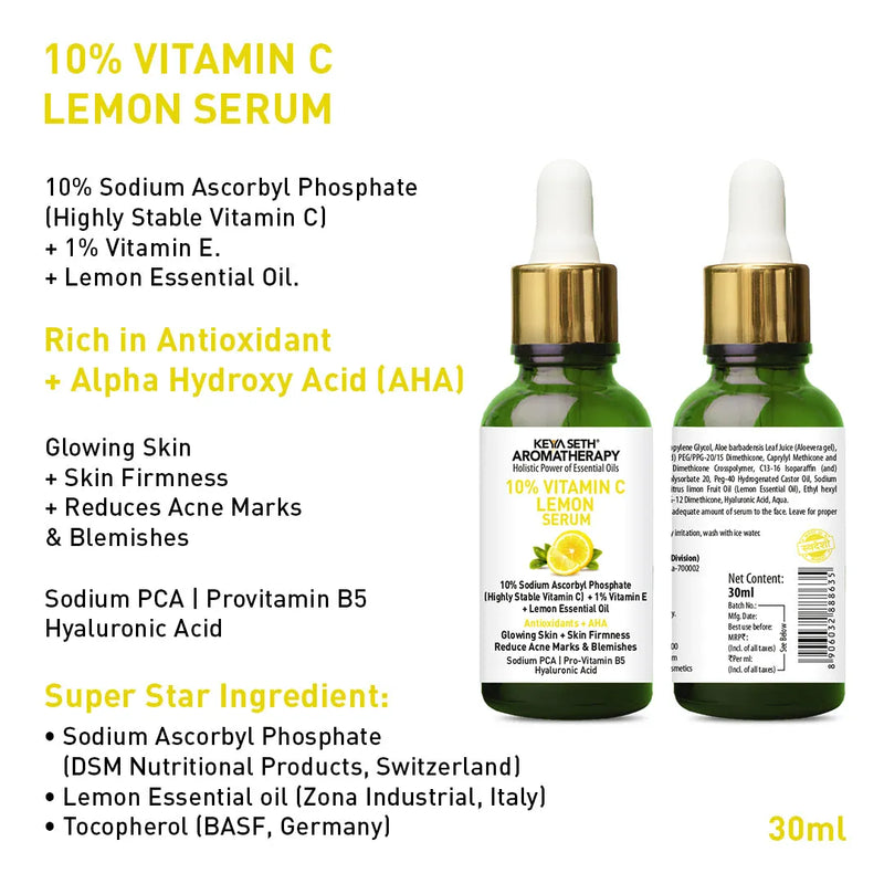 Vitamin C Lemon Combo: Facewash & Serum with Sodium Ascorbyl Phosphate, Vitamin E & AHA for Radiant, Firm, Acne-Free Skin - Keya Seth Aromatherapy