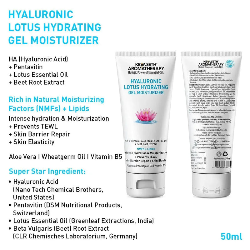 Complete Hydrating & Plumping Kit: Hyaluronic Lotus Face Wash, 1.5% Serum, Gel Moisturizer with 2% Pentavitin + Parsol HS, SPF 30+++ Sunscreen for Intense Hydration & Skin Barrier Repair - Keya Seth Aromatherapy