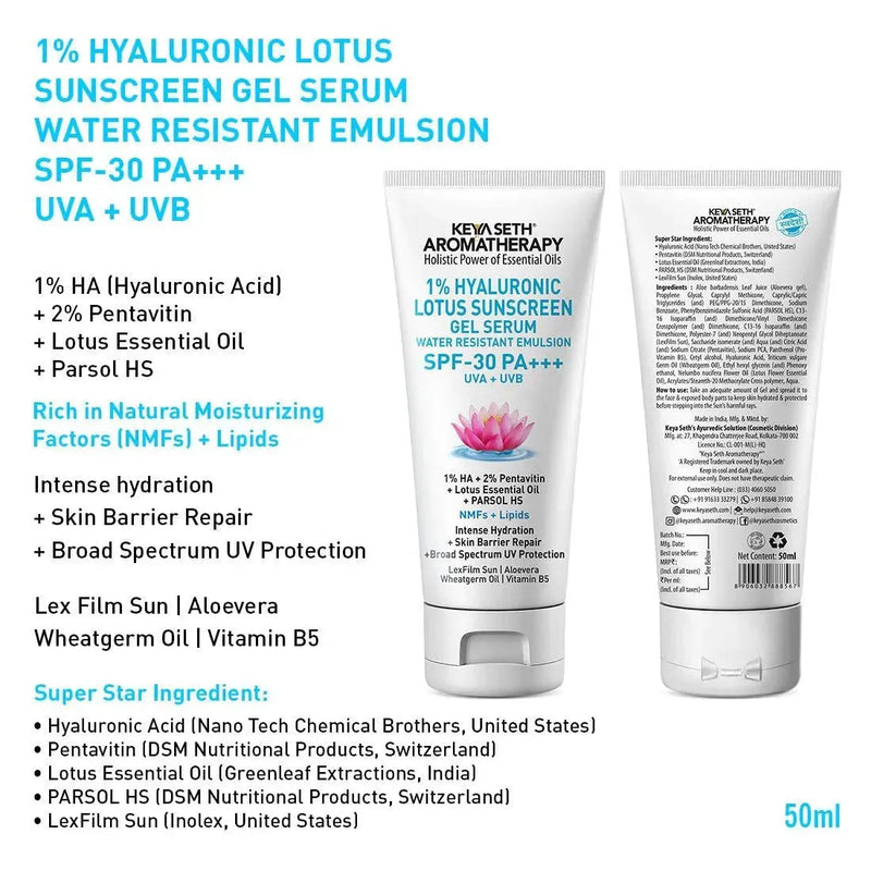 Complete Hydrating & Plumping Kit: Hyaluronic Lotus Face Wash, 1.5% Serum, Gel Moisturizer with 2% Pentavitin + Parsol HS, SPF 30+++ Sunscreen for Intense Hydration & Skin Barrier Repair - Keya Seth Aromatherapy