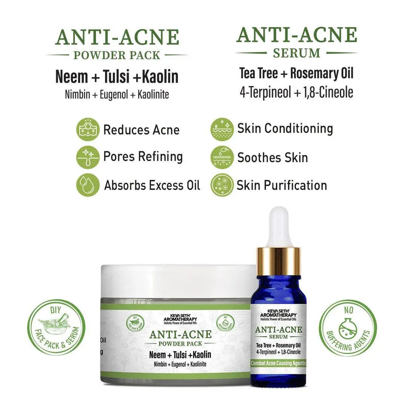 Anti Acne Powder Pack & Serum Facial Kit, Neem Tulsi Kaolin Tea Tree & Rosemary,Absords Excess Oil,Pore Refining,Soothes