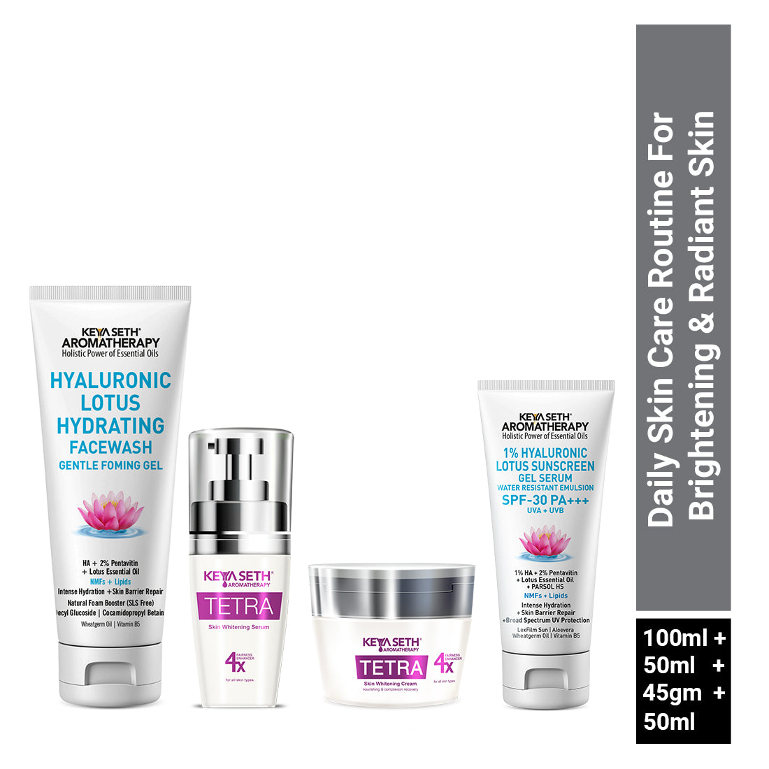 Daily Skin Care Routine for Brightening + Radiant Skin with Hyaluronic Facewash, Vitamin C Serum, Alpha Arbutin Moisturizer & 1% Hyaluronic Lotus Sunscreen Gel - Keya Seth Aromatherapy