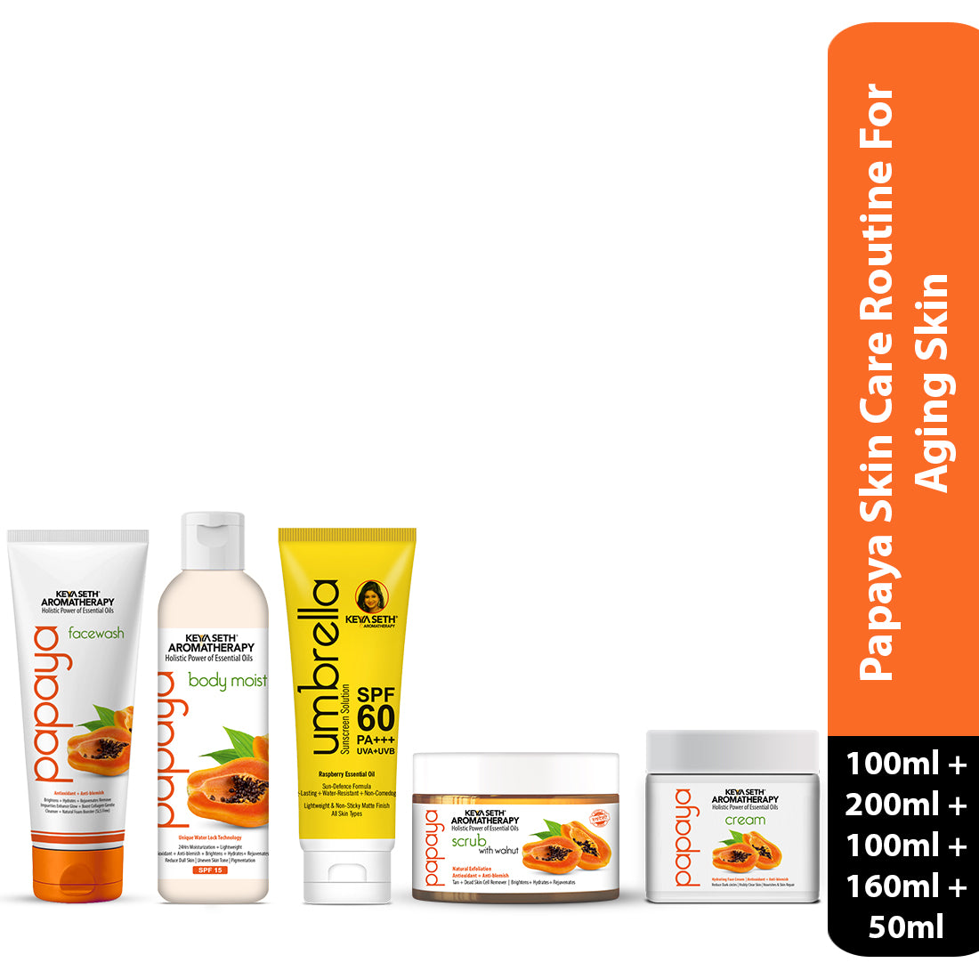 Papaya Skincare Routine for Aging Skin – Facewash, Cream & Body Moist, Scrub, SPF 60 to Cleanse, Exfoliate, Hydrate & Protect - Keya Seth Aromatherapy