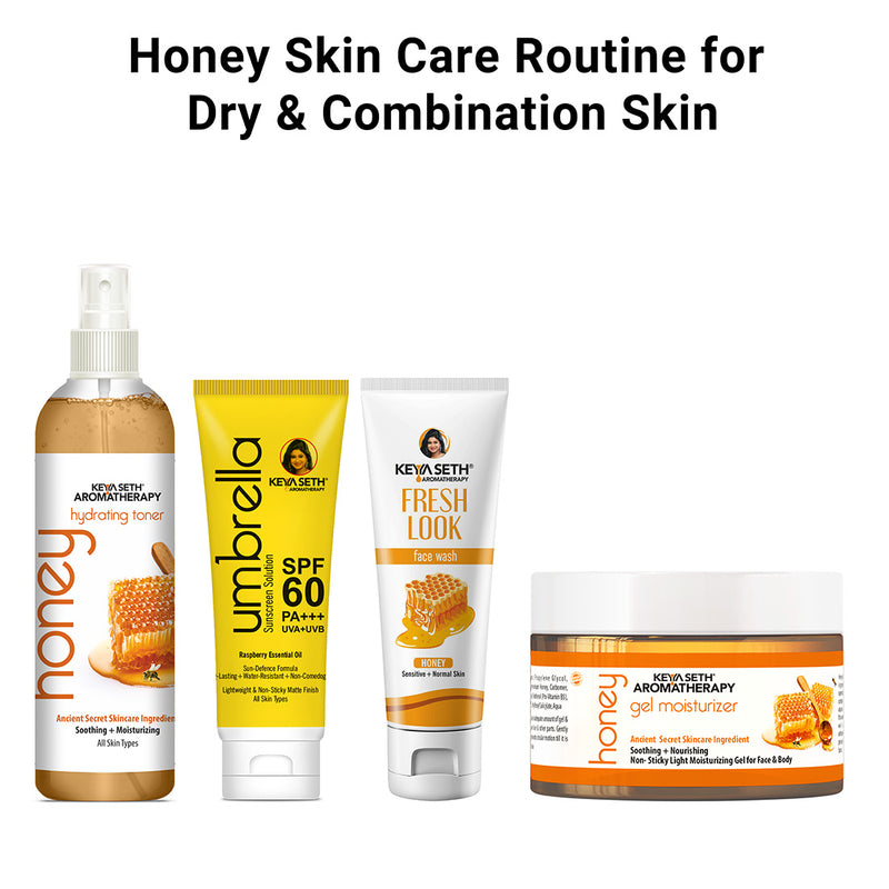 Honey Skin Care Routine for Dry & Combination Skin – Facewash, Toner, Gel Moisturizer, SPF 60 For Hydrate, Minimize Pores, Strengthen Barrier & Protect - Keya Seth Aromatherapy