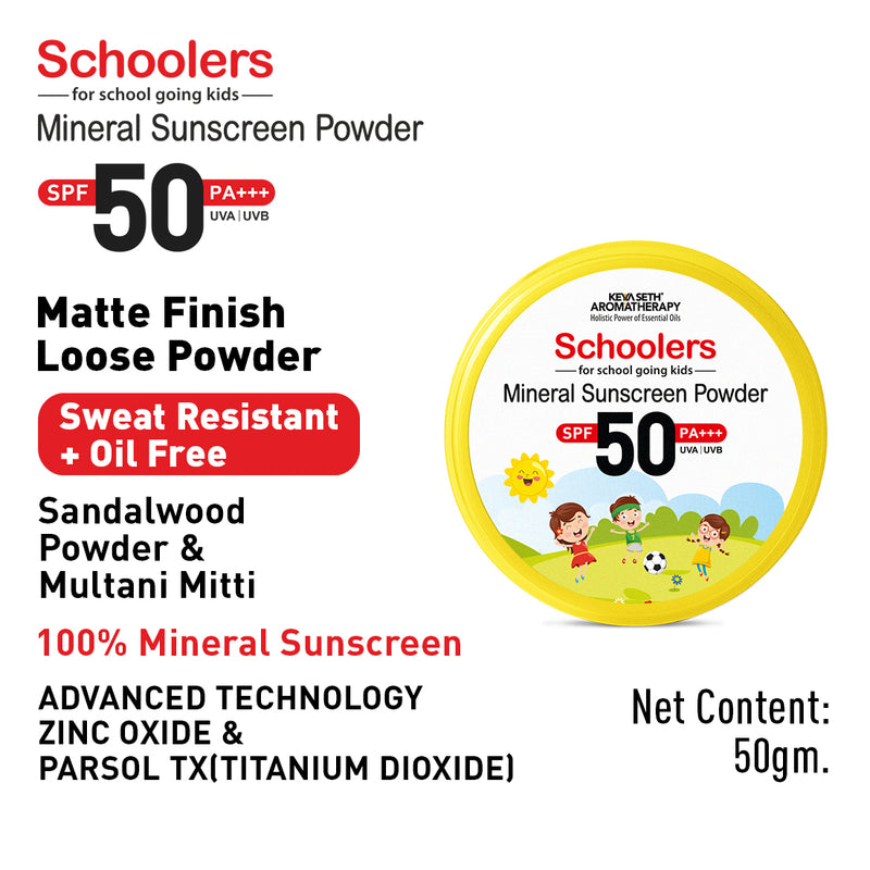 Schoolers Mineral Kids & Baby Sunscreen Powder SPF 50 PA+++, Sweat Resistant, Oil Free - Keya Seth Aromatherapy