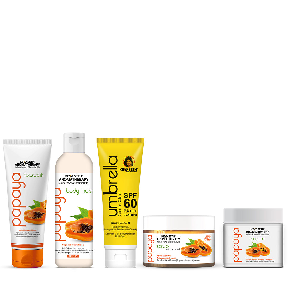 Papaya Skincare Routine for Aging Skin – Facewash, Cream & Body Moist, Scrub, SPF 60 to Cleanse, Exfoliate, Hydrate & Protect - Keya Seth Aromatherapy