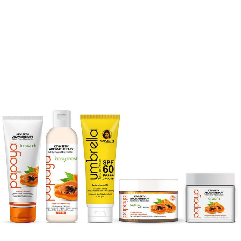 Papaya Skincare Routine for Aging Skin – Facewash, Cream & Body Moist, Scrub, SPF 60 to Cleanse, Exfoliate, Hydrate & Protect - Keya Seth Aromatherapy