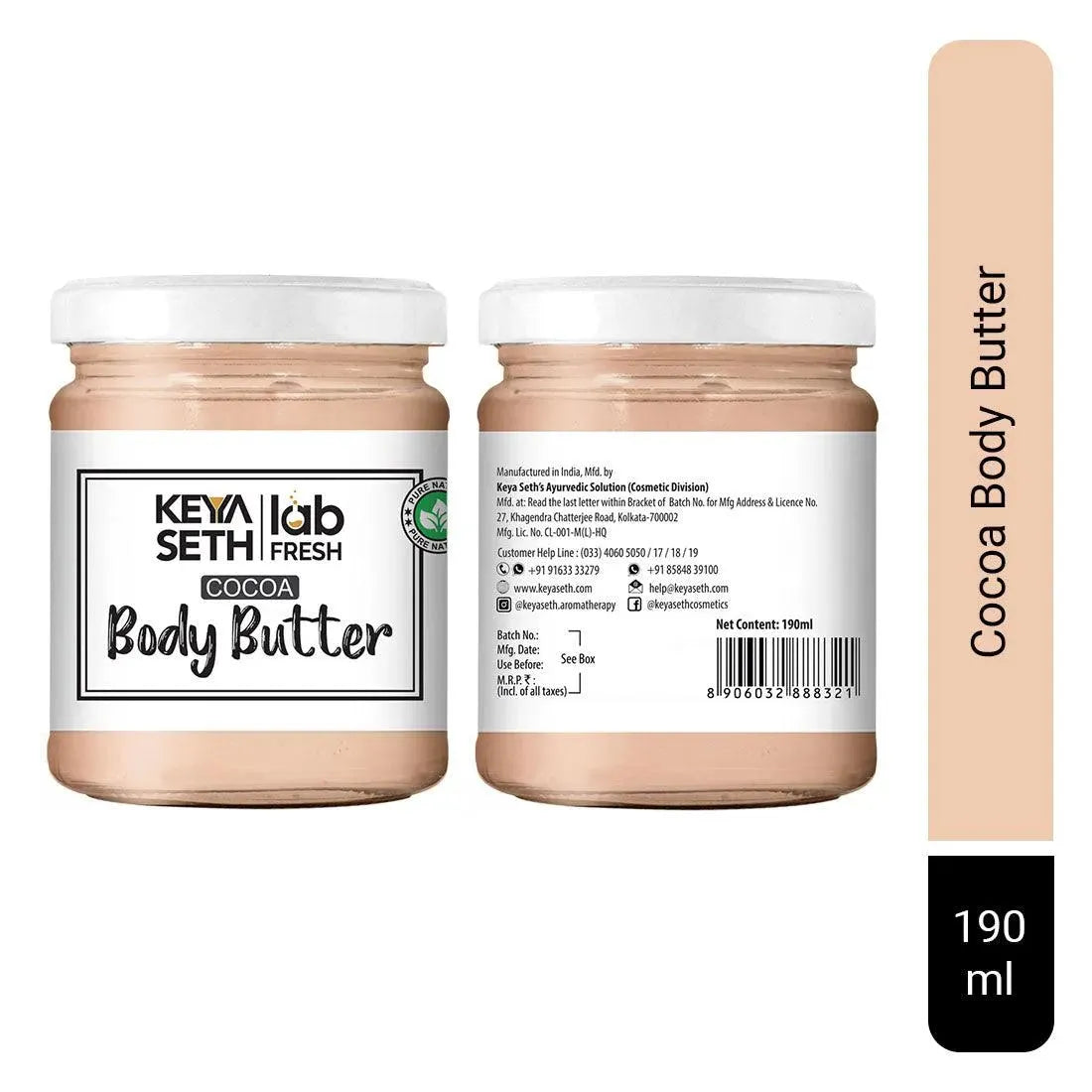 Lab Fresh Cocoa Body Butter with Almond & Coconut Oil for 24hrs Moisturization, Heals Softens Relieves Rough, Dry Skin for Men & Women All Skin Types, Body Care, Skin Care, Keya Seth Aromatherapy