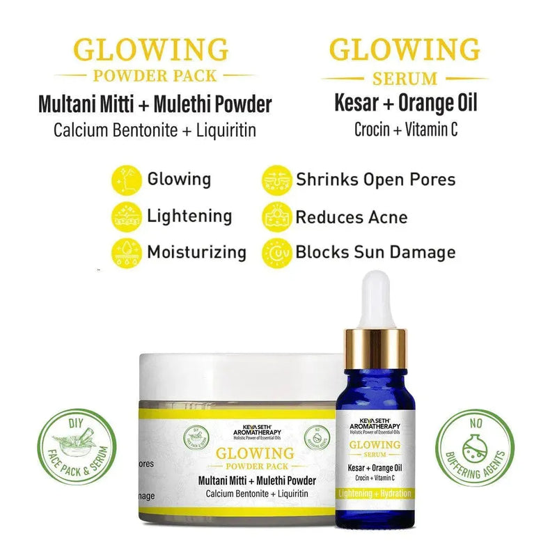 Glowing Powder Pack  & Serum Facial Kit, Multani Mulethi, Kesar & Orange Oil, Open Pores,Lightening,Acne, Hydration - Keya Seth Aromatherapy