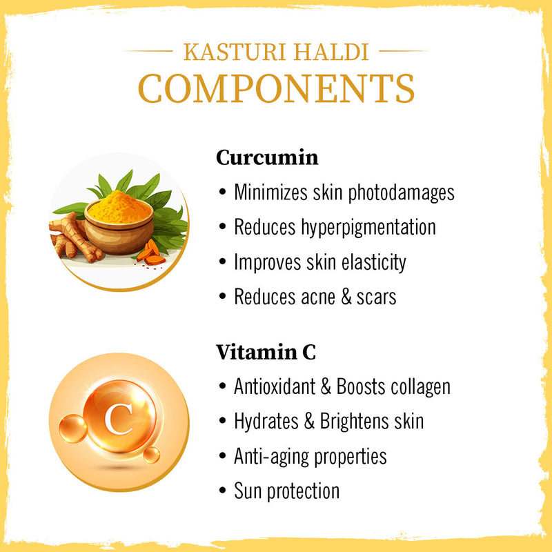 Kasturi Haldi Powder Face Pack with Curcumin & Vitamin C for Soothing, Healing, Skin Purification, Anti-Aging, Acne Reduction & Glowing Skin - Keya Seth Aromatherapy