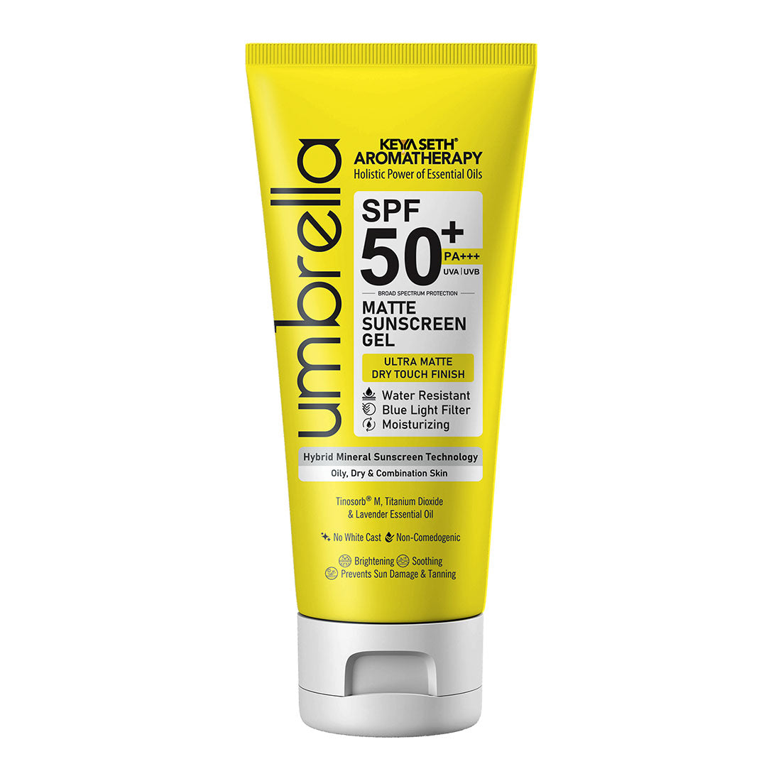 Umbrella Ultra Matte Mineral Sunscreen Gel SPF50 PA+++ Moisturizing, Blue Light Filter, Water-Resistant, Dry Touch, No White Cast, Tinosorb M + Titanium Dioxide - Keya Seth Aromatherapy