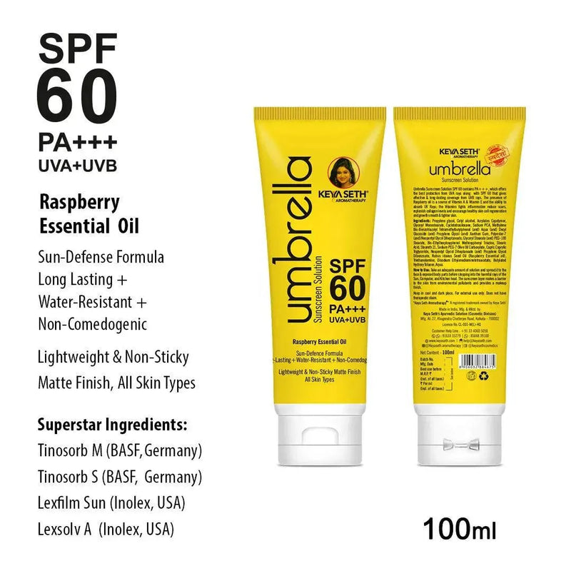 अम्ब्रेला सनस्क्रीन सॉल्यूशन SPF 60, ब्रॉड स्पेक्ट्रम प्रोटेक्शन, कोई सफ़ेद कास्ट नहीं, रास्पबेरी ऑयल 100ml के साथ हल्के मैट फ़िनिश 