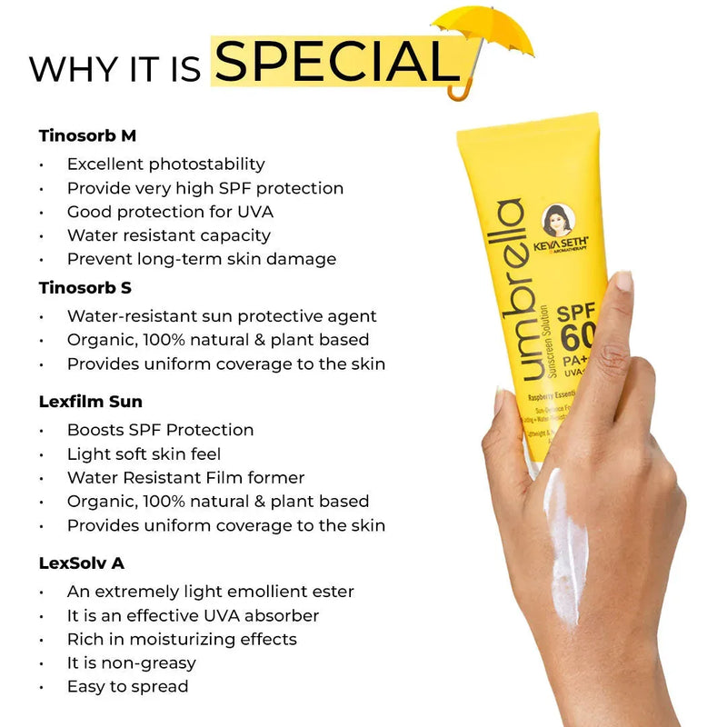 Umbrella Sunscreen Solution SPF 60, Broad Spectrum Protection, No White Cast, Lightweight Matte Finish with Raspberry Oil 100ml