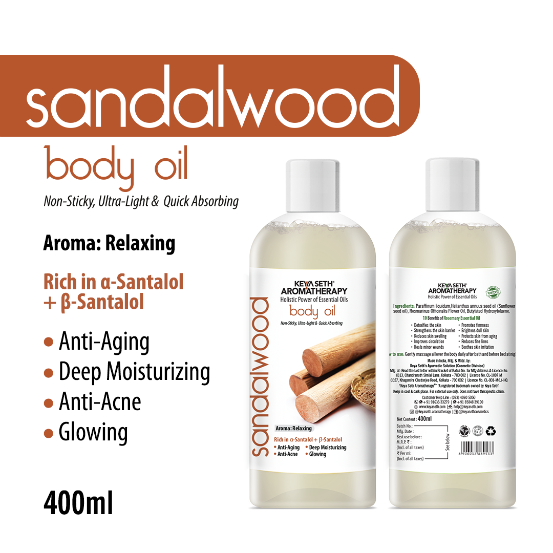 Sandalwood Body Oil - Anti-Ageing, Anti-Acne, Deep Moisturising For Glowing Skin; Non-Sticky, Quick-Absorbing - Keya Seth Aromatherapy