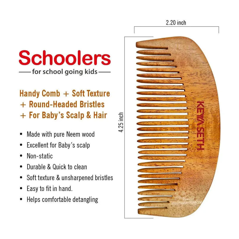 Schoolers Neem Wood Comb for Babies & Kids: Organic, Soft Bristles, Natural Grooming for Hair Growth, Scalp-friendly, Anti-Static, Handmade for Gentle Care of Delicate Scalp - Keya Seth Aromatherapy