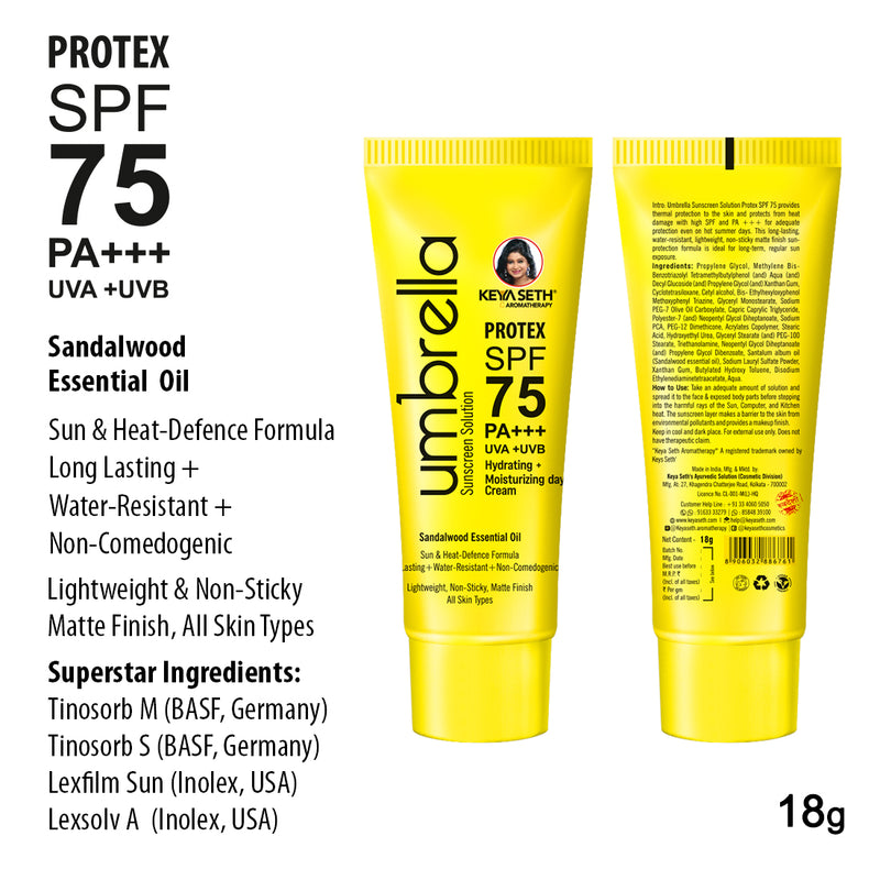 Umbrella Sunscreen Solution Protex SPF 75 Broad Spectrum Protection, Hydrating, No White Cast, Lightweight Matte Finish with Sandalwood Oil - Keya Seth Aromatherapy