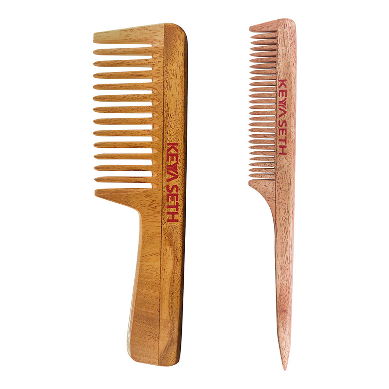 Handmade Neem Wooden Comb for Women: Detangling, Anti-Static, Promotes Hair Growth, Control Frizz, Perfect for Hair Partition, Suitable for All Hair Types Wide Tooth with Handle & Tail Comb Combo