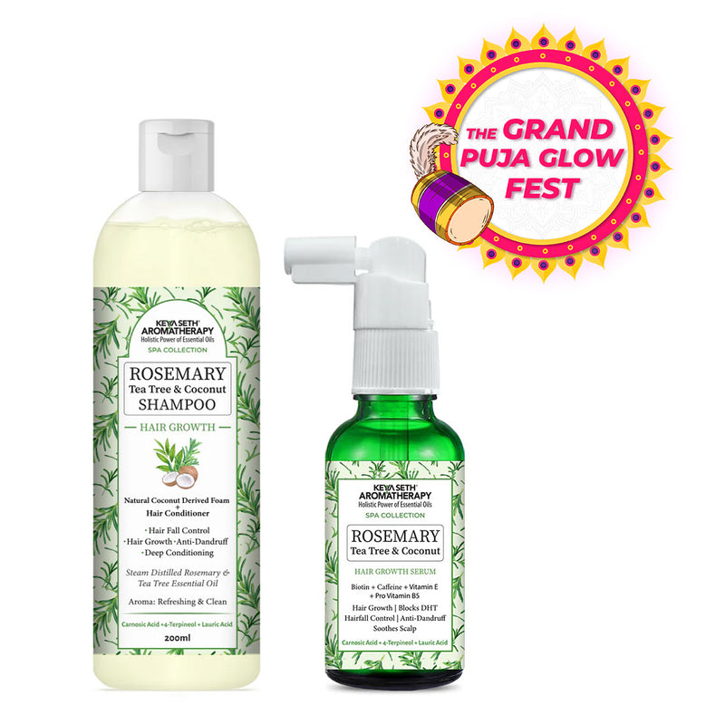 Rosemary Tea Tree Coconut Serum & Shampoo Combo: Reduces Dandruff & Scalp Itching, Hair Growth, Blocks DHT, Steam Distilled Essential Oil, Virgin Coconut Oil With Biotin Caffeine Vitamin E B5 - Keya Seth Aromatherapy