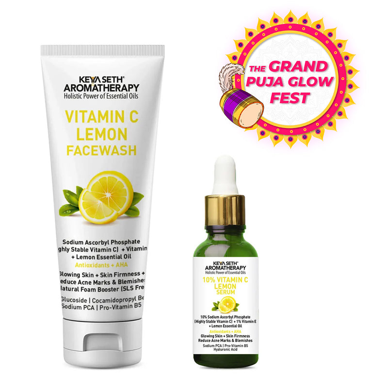 Vitamin C Lemon Combo: Facewash & Serum with Sodium Ascorbyl Phosphate, Vitamin E & AHA for Radiant, Firm, Acne-Free Skin - Keya Seth Aromatherapy