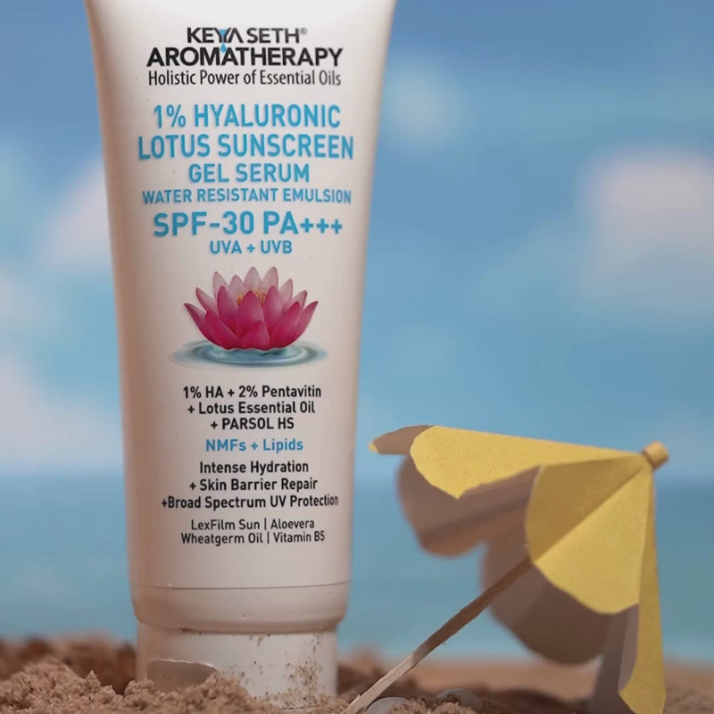 1% Hyaluronic Lotus Sunscreen Aqua GEL Serum, SPF 30 UVA + UVB ,2% Pentavitin + Parsol HS, NMFs + Lipids, Water Resistant + Skin Barrier Repair - Keya Seth Aromatherapy