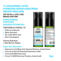 1% Hyaluronic Lotus Hydrating Serum Hybrid Mineral Sunscreen SPF 50 PA+++, Watery Emulsion,No White Cast, Water Resistant, Tinosorb M + Parsol TX - Keya Seth Aromatherapy
