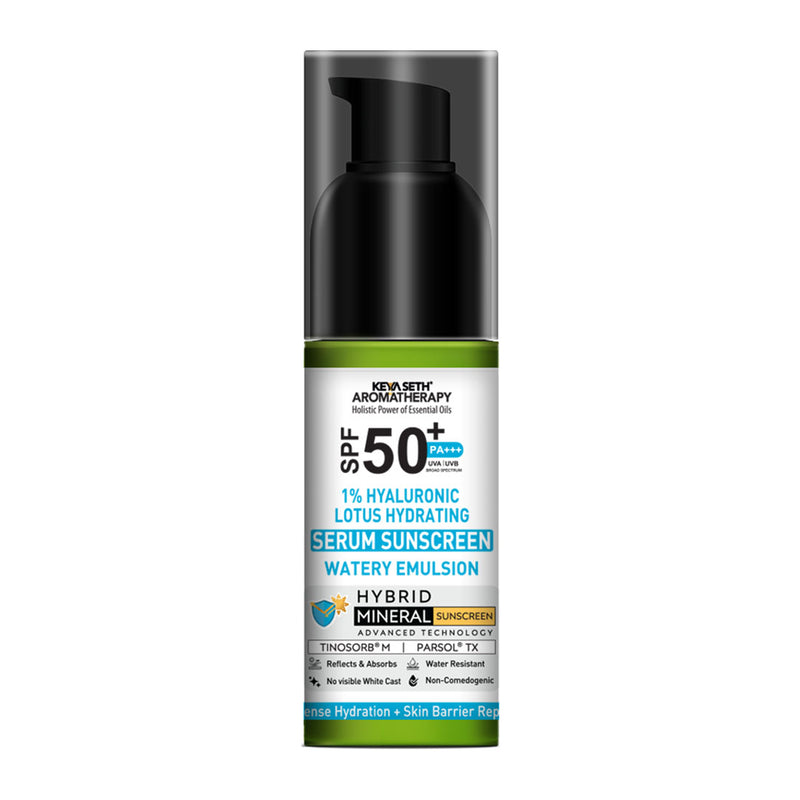 1% Hyaluronic Lotus Hydrating Serum Hybrid Mineral Sunscreen SPF 50 PA+++, Watery Emulsion,No White Cast, Water Resistant, Tinosorb M + Parsol TX - Keya Seth Aromatherapy