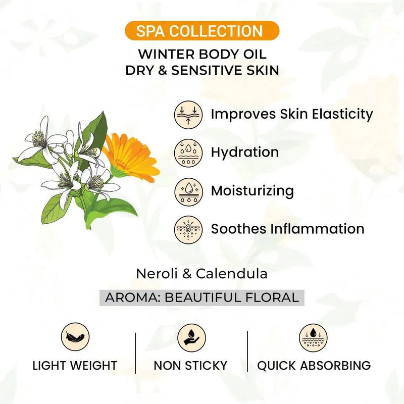 Neroli & Calendula Winter Body Oil for Dry & Sensitive Skin, Hydrating, Moisturizing, Soothes Inflammation, Improves Skin Elasticity Light, Non-Sticky, Body Care,, Body Oil, Keya Seth Aromatherapy