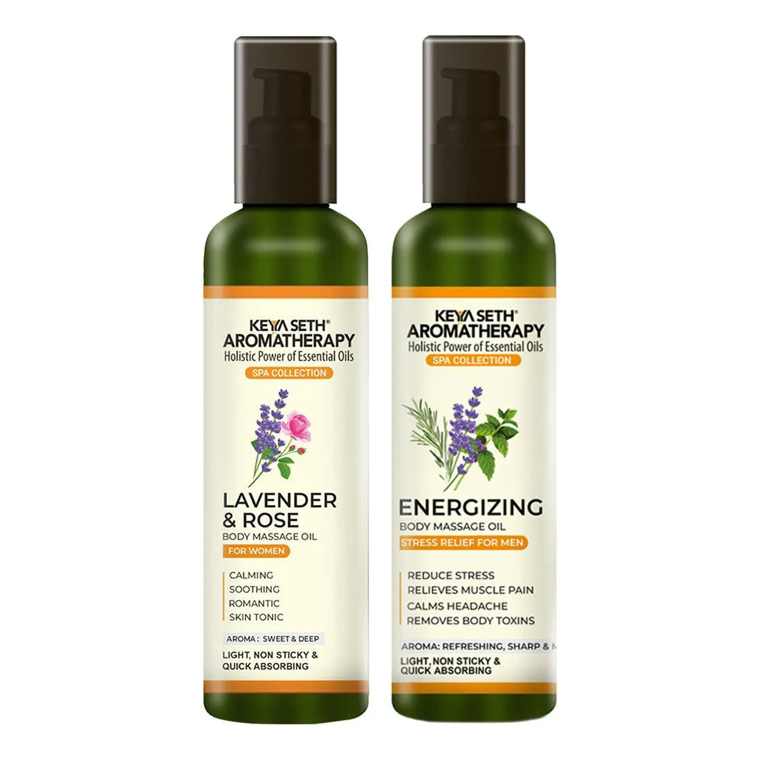 Energizing & Lavender-Rose Body Massage Oil combo pack for men & women - Keya Seth Aromatherapy